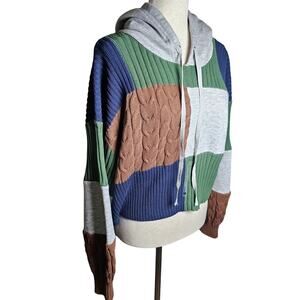 New Fitz+Eddi Color Block Mix Media Crop Sweater with Hood Green Brown Blue Gray